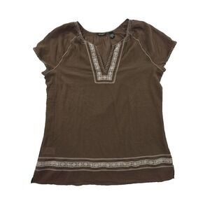 Eddie Bauer 100% Cotton Gauze Tunic Top Womens Tall XXL V-Neck Brown Bohomenian